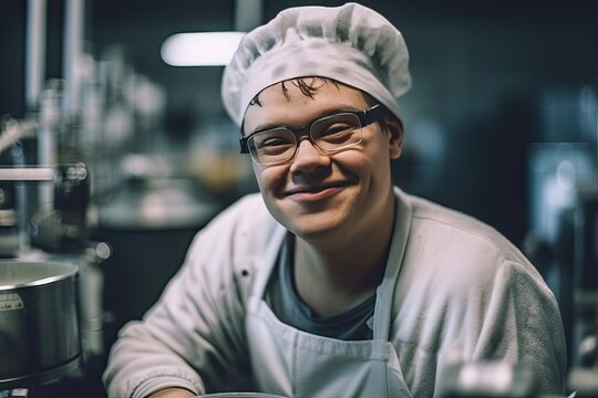Boy with down syndrome working in a factory. AI generative
