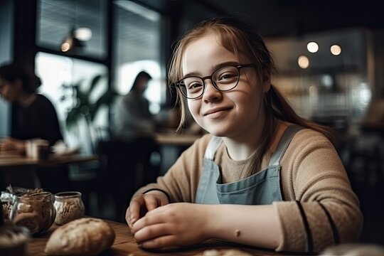 Girl with Down syndrome working on a cafeteria. AI generative