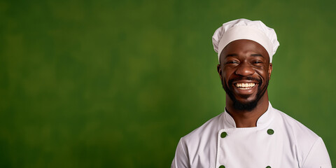 Portrait of a smiling african american male chef isolated on solid green background. Banner, copy space 