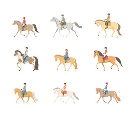 Set of vector illustrations, young riders on horses and ponies