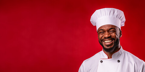 Portrait of a smiling african american male chef isolated on solid red background. Banner, copy space - Powered by Adobe