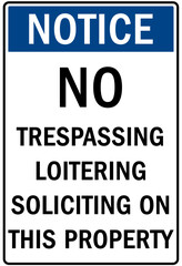 No soliciting warning sign and labels no trespassing, soliciting, loitering on this property