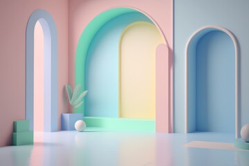 Stand podium wall scene pastel color background, geometric shape for product display presentation.