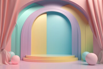 Stand podium wall scene pastel color background, geometric shape for product display presentation.