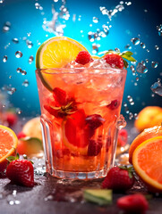 Professional close up photo of juicy delicious summer tropical cocktail with splashes, drops, beautiful fruits and berries decoration on a saturated colorful background