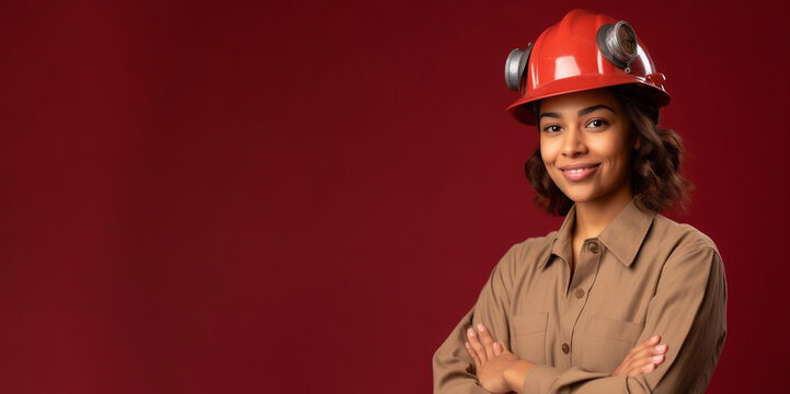  a smiling young men wearing engineer clothes in dark red background generative ai