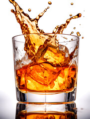 Juicy delicious whiskey cocktail professional studio photo shoot with beautiful splashes around and ice cubes inside the glass, isolated on white background