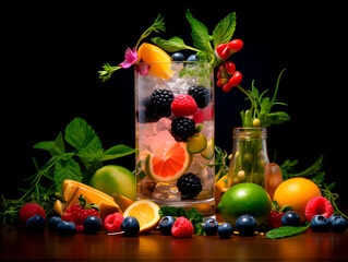 Stunning colorful super ice cold summer cocktails with lots of fresh fruits and beautiful decoration