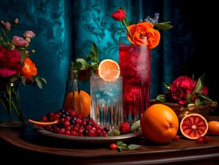 Fototapeta na wymiar Stunning colorful super ice cold summer cocktails with lots of fresh fruits and beautiful decoration