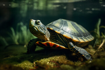 Fototapeta na wymiar Red Eared Slider Turtle in Aquatic Serenity. Generative AI