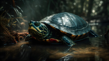 Fototapeta premium Red Eared Slider Turtle in Aquatic Serenity. Generative AI