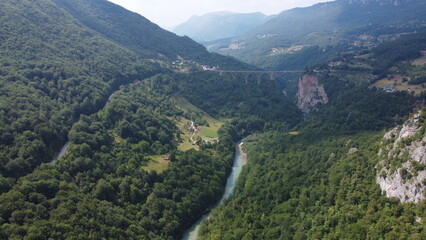 Fototapeta premium Tara River and bridge, Montenegro. Aerial view.