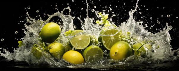 Photo of limes in splashing water. Black background. Generative AI