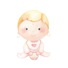 Cute baby with a plate. Watercolor illustration.