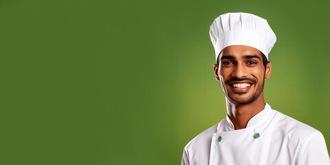 Portrait of a smiling indian male chef isolated on solid green background. Banner, copy space