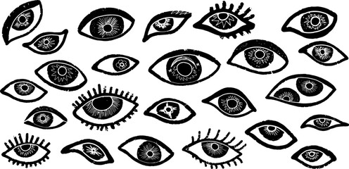 Eyes. Textured black outline. Vector set of hand drawn illustrations in doodle style.