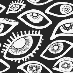 Hand drawn doodle eye pattern, textured monochrome seamless vector pattern. For design, print, fabric, clothing, wallpaper, paper, etc.