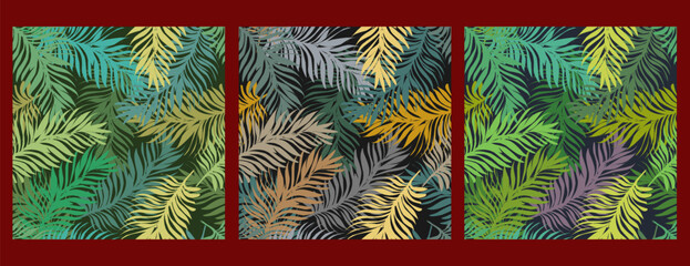 Exotic tropical palm leaves. Set of vector seamless patterns. For design, print, fabric, clothing, wallpaper, paper, etc.