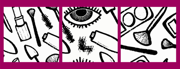 Doodle cosmetics texture outline. Set of vector black and white seamless patterns. For design, print, fabric, clothing, wallpaper, paper, etc.