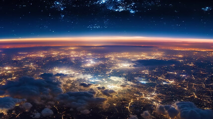Panoramic view on planet Earth globe from space. Glowing city lights, light clouds. Generative AI
