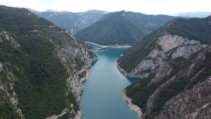 Naklejka na ściany i meble Piva Lake and Canyon, Montenegro. Aerial view.