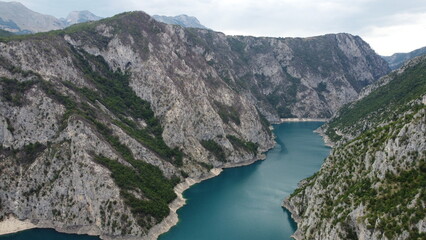 Piva Lake and Canyon, Montenegro. Aerial view.