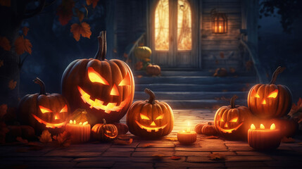 happy halloween backgound with jack o' lantern pumpkins autumn leaves and candles