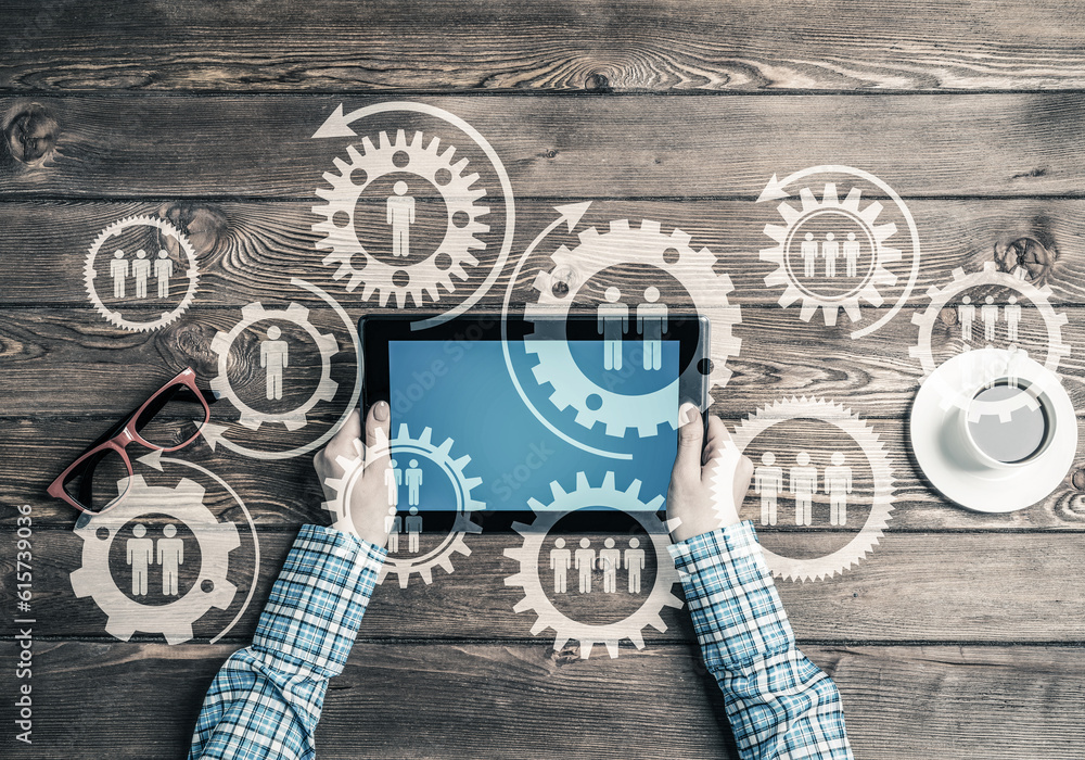 Poster concept of teamworking and connection with gears mechanism and tablet pc