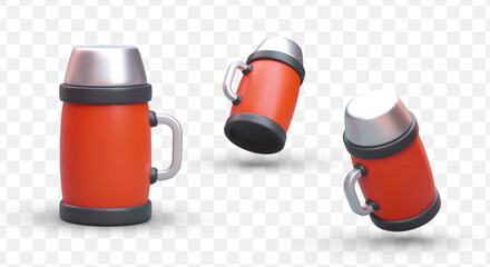 Collection of realistic red thermoses. Isolated vector image. Tourist tableware for adults and children. Personal drink. Convenient packaging for hiking