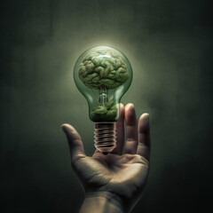 light bulb in hand, hand holding illuminated light bulb,  innovation and inspiration and creativity concept in dark background by Generative AI.