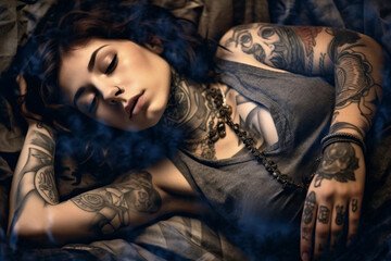Naklejka premium woman laying with tattoos on her arms