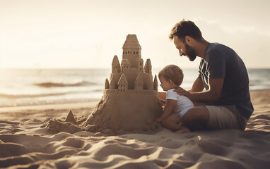 Father with son building a sand castle on the beach. Generative AI technology. - obrazy, fototapety, plakaty
