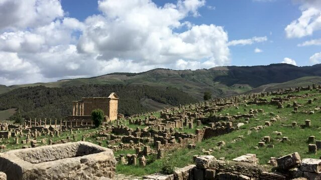 View of Roman ruins in the ancient city of Cuicul on a cloudy day. Djemila, Setif, Algeria