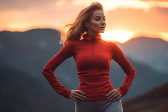 Athletic blonde woman in sportswear enjoying a view on the top of mountain pic during the sunset.