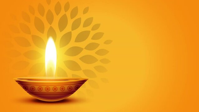 Happy diwali design with diya oil lamp elements on orange background.