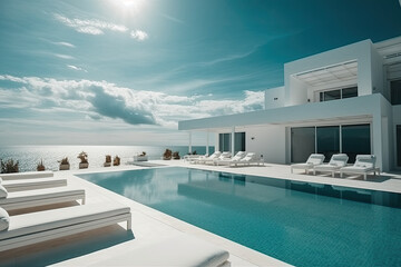 Sea view luxury modern white beach hotel with swimming pool, Generative AI