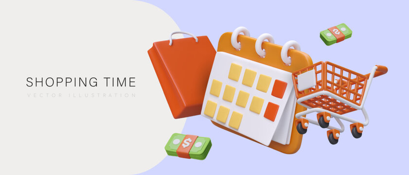 Online application for planning purchases. Calendar with reminder about promotions. Time to buy at reduced price. Sale in store. Promo banner with realistic illustration
