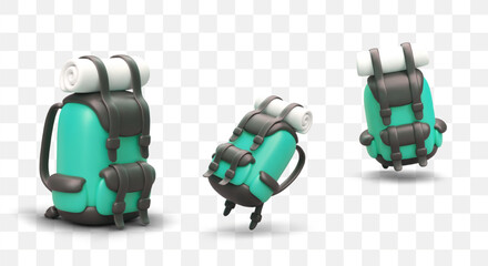 Backpack for proper weight distribution. Equipment for carrying heavy objects over long distances. 3D rucksack in fashionable unisex color. Set of isolated vector images