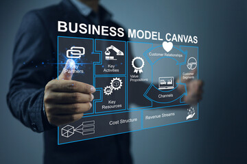 Businessman holding bmc chart or business model canvas as business process or planning before...