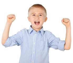 Young boy cheering and raising fists