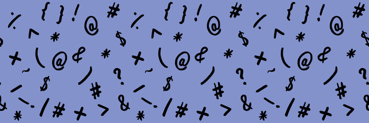 pattern with the image of keyboard symbols. Punctuation marks. Template for applying to the surface. pastel blue background. Horizontal image. Banner for insertion into site.
