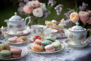 teacups and macaroons on a table with pink roses in the background photo taken from behind it
