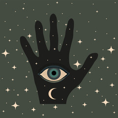 Fototapeta premium Fatima's hand. Hamsa. Miriam's hand. Esoteric banner with Mystical celestial Woman Hand in retro styled with Mandala Eye. Amulet. Spiritual magic poster or t-shirt print. Vector illustration.