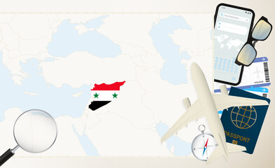 Syria map and flag, cargo plane on the detailed map of Syria with flag.