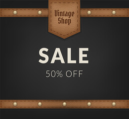 Realistic illustration of a vintage leather label with blank space for advertising, perfect for clothing and fashion designs. Great for retro and vintage shop themes. Sale banner for Vintage shop