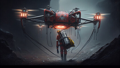 Drohnenrettung mit Rettungsdrohne Lebensrettung im Notfall für die Ersthilfe Bergrettung, Feuerwehr Krankenwagen mit Drohne Generative AI 