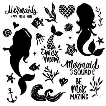 Cute Mermaids Silhouette Black and WhiteIllustrations Vector Collection. Sea Plants, Fishes, Lettering Quotes.