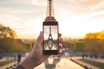 Naklejka premium AI generated image of hand taking picture of Eiffel Tower