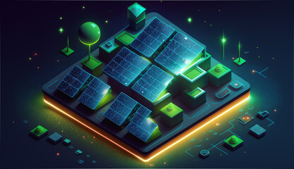 Solar farm and clean energy concept. Solar panels stands out against the horizon, capturing this energy to power homes and businesses. generative ai