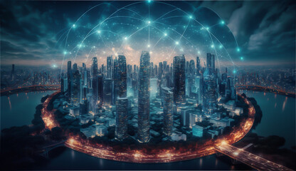Smart cities concept, utilizing technology to create a more efficient and connected environment. Using AI, IoT and Big Data to increase efficiency and reduce environmental impact. generative ai...